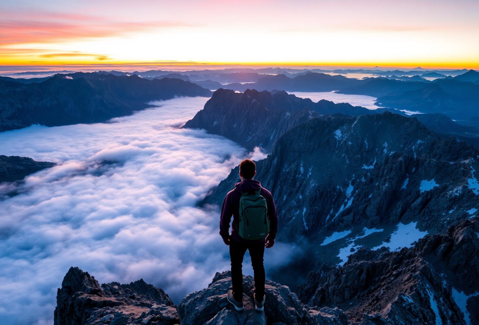 Wanderer auf einem Gipfel über dem Wolkenmeer bei Sonnenaufgang
