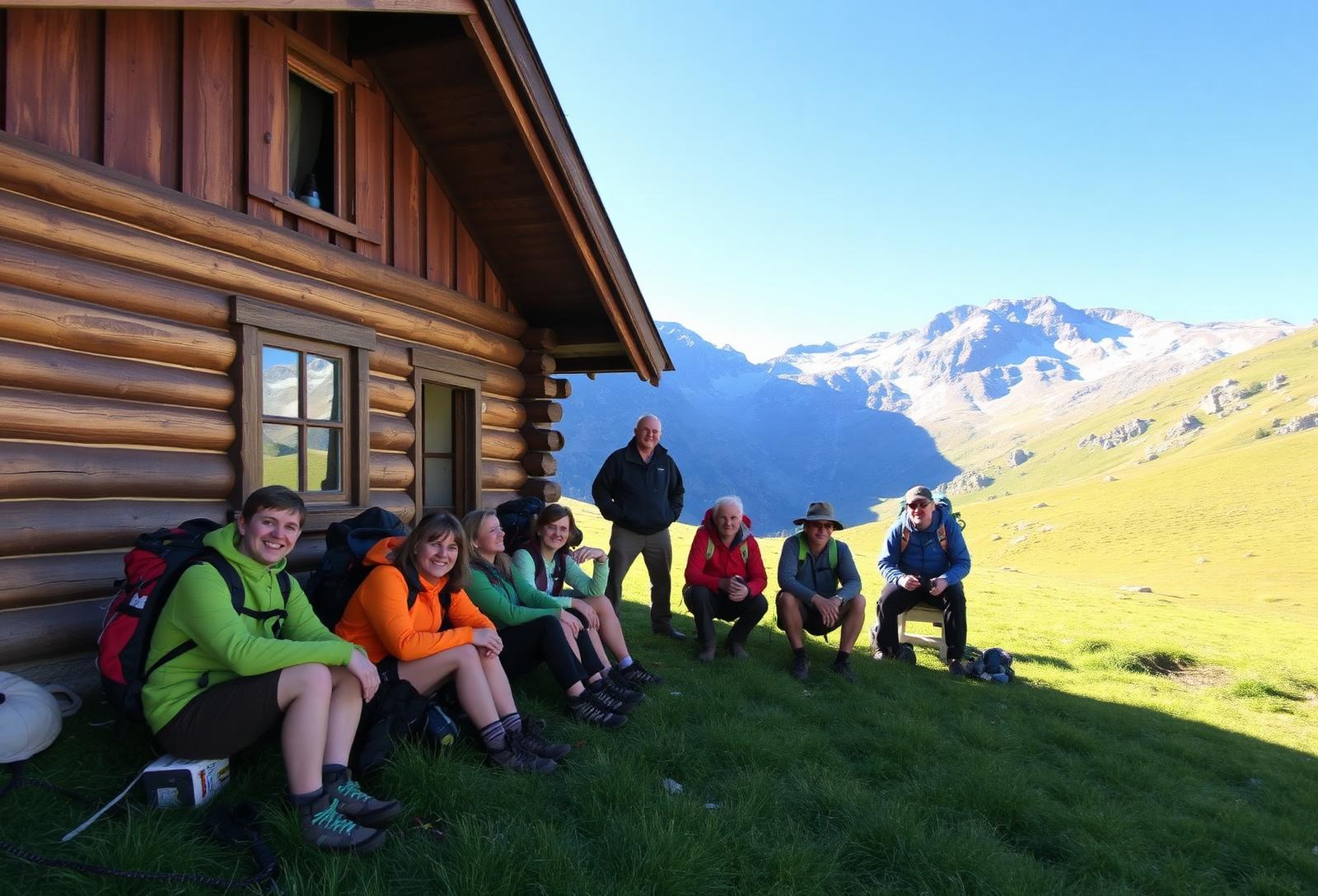 Wandergruppe vor einer Berghütte auf einer Almwiese