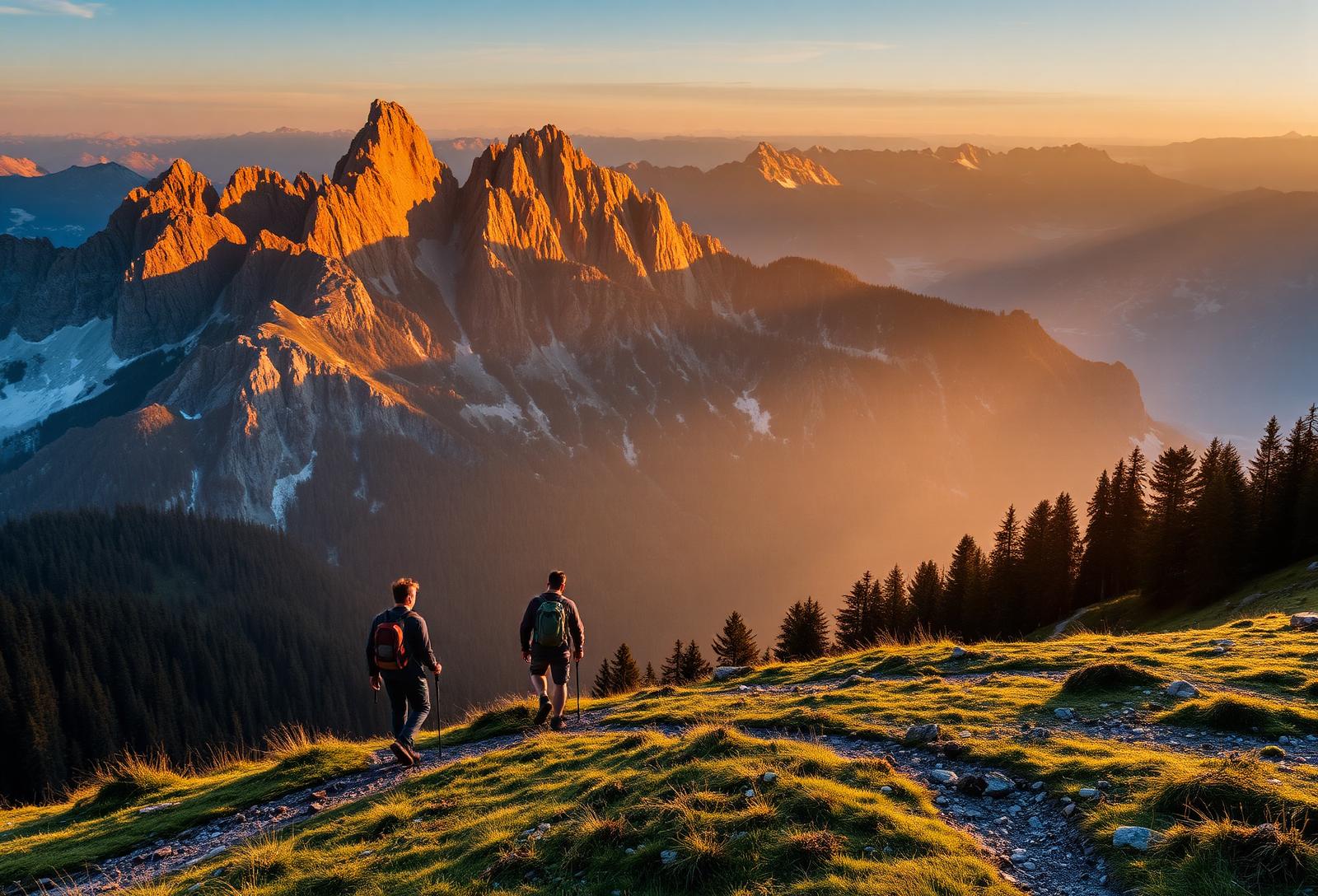 Bergwanderer auf einem Pfad in den Bayerischen Alpen bei Sonnenaufgang