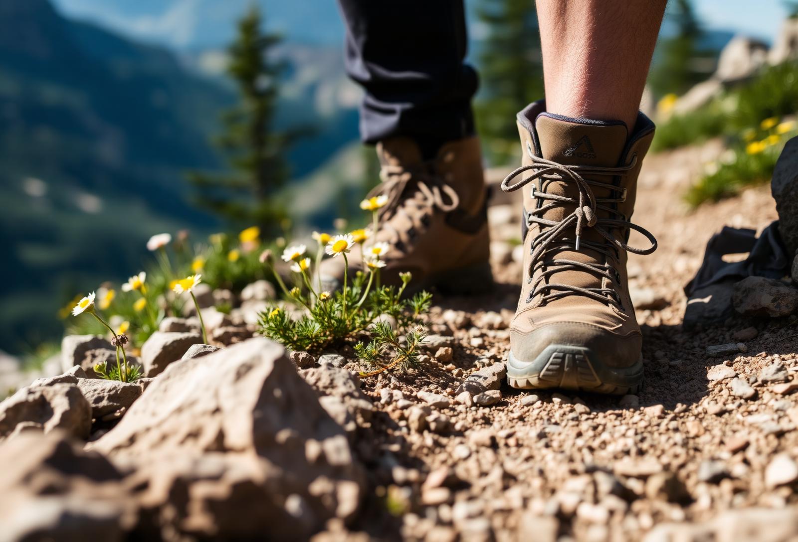 Wanderschuhe auf einem alpinen Pfad mit Wildblumen